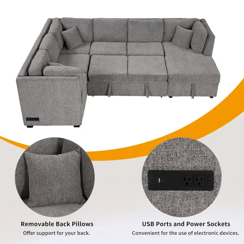 108.6 U-shaped Sectional Sofa Pull out Sofa Bed with Two USB Ports, Two Power Sockets, Three Back Pillows and a Storage Chaise