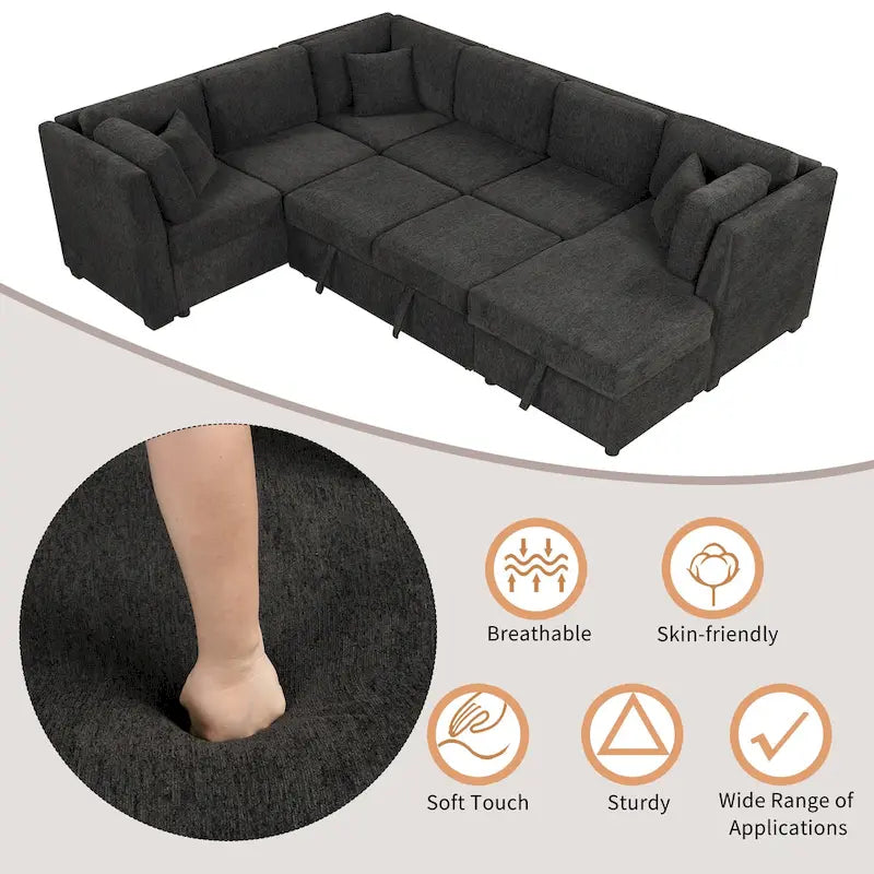 108.6 U-shaped Sectional Sofa Pull out Sofa Bed with Two USB Ports, Two Power Sockets, Three Back Pillows and a Storage Chaise