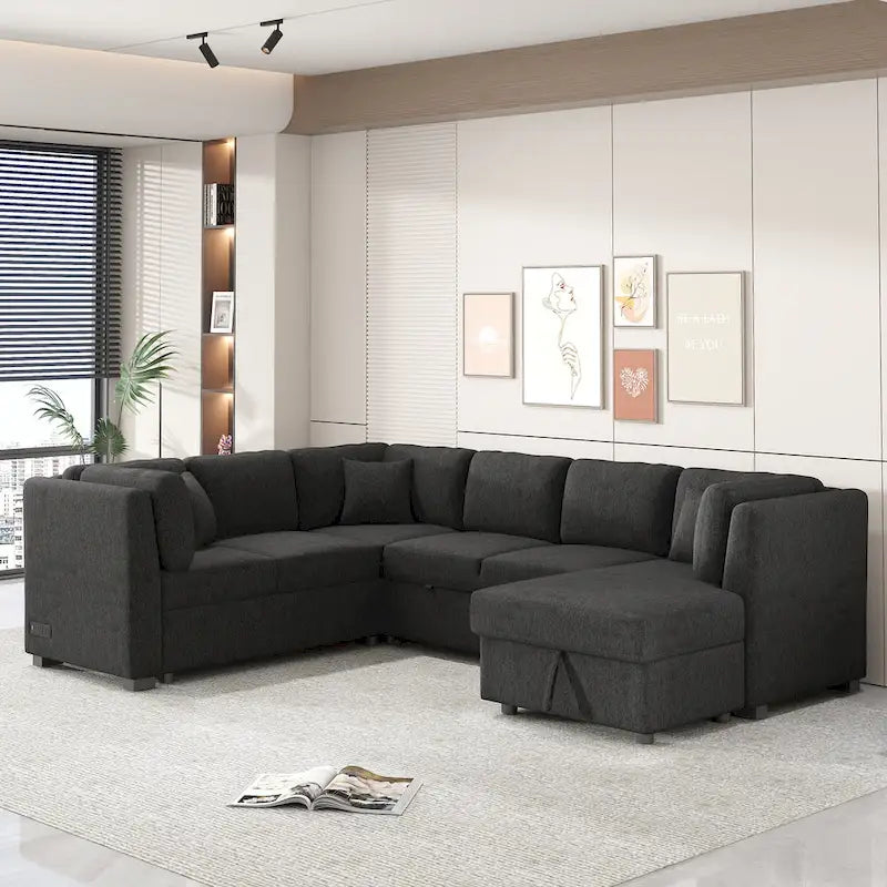108.6 U-shaped Sectional Sofa Pull out Sofa Bed with Two USB Ports, Two Power Sockets, Three Back Pillows and a Storage Chaise