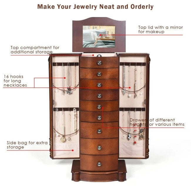 Large Wooden Jewelry Storage Box Organizer - 17 x 12 x 39.5 (L x W x H)
