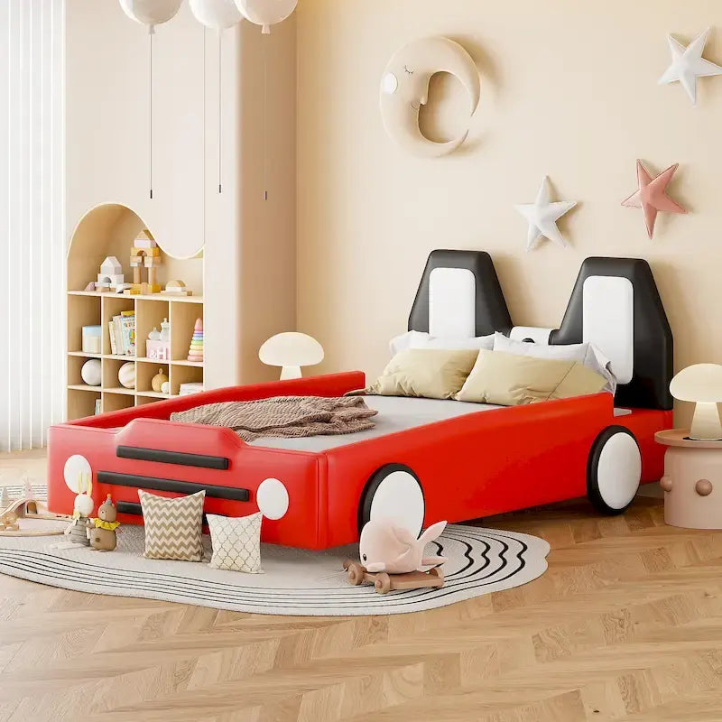 Race Car-Shaped Platform Bed with Wheels