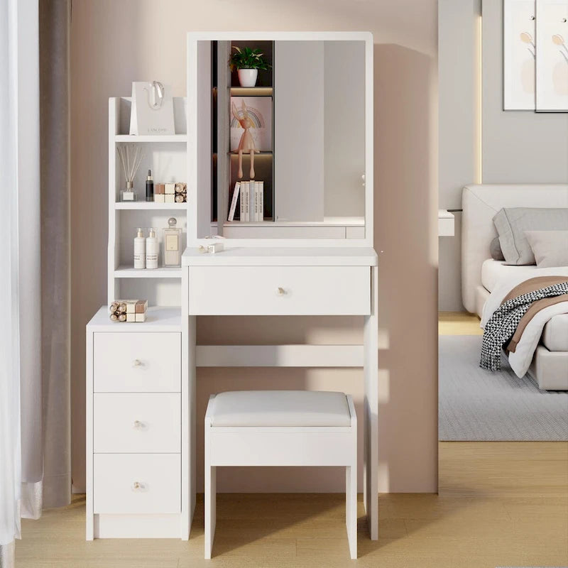 Makeup Vanity Desk Set with Sliding Mirror and Cushioned Stool