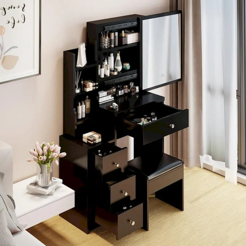 Makeup Vanity Desk Set with Sliding Mirror and Cushioned Stool