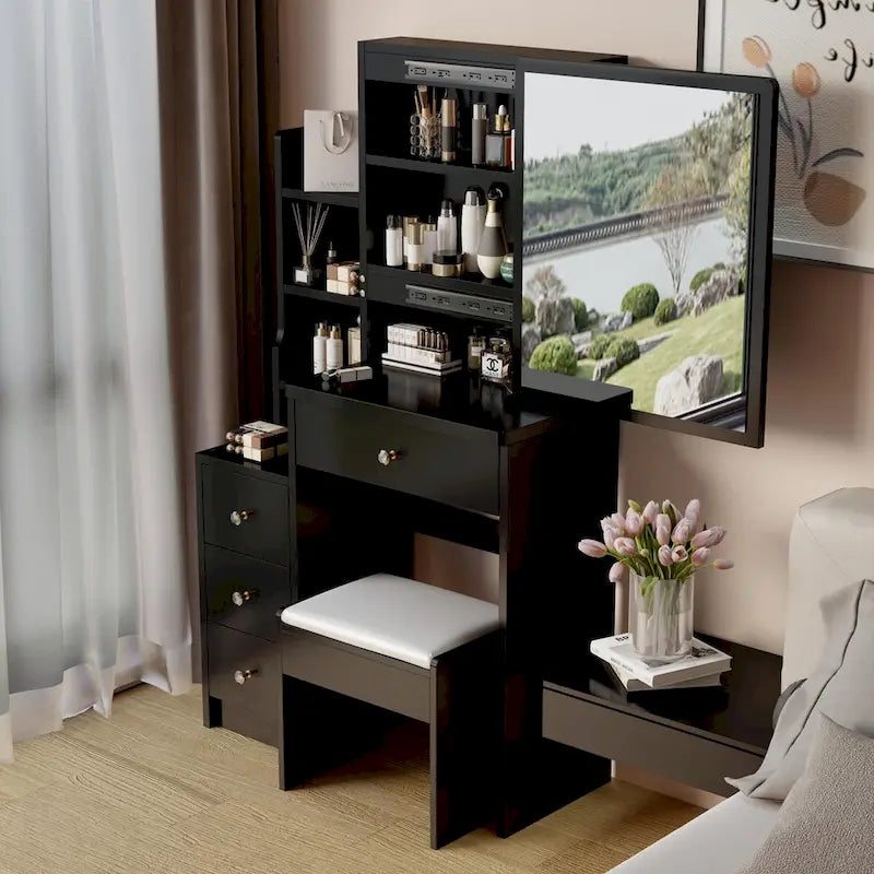 Makeup Vanity Desk Set with Sliding Mirror and Cushioned Stool