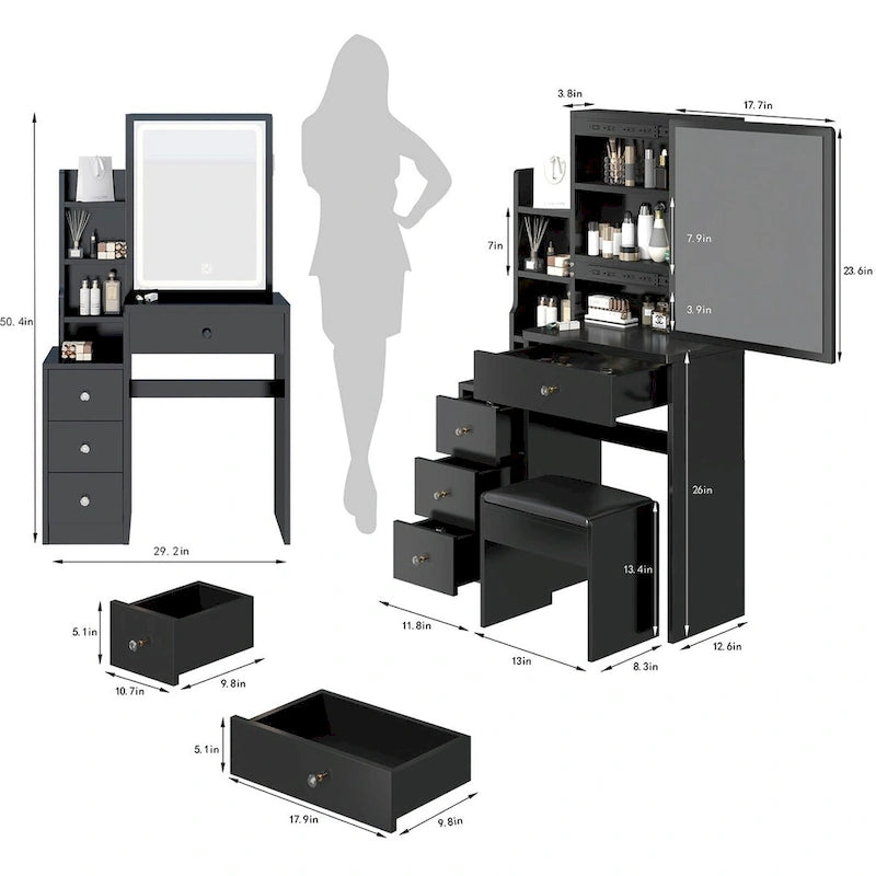 Makeup Vanity Desk Set with Sliding Mirror and Cushioned Stool