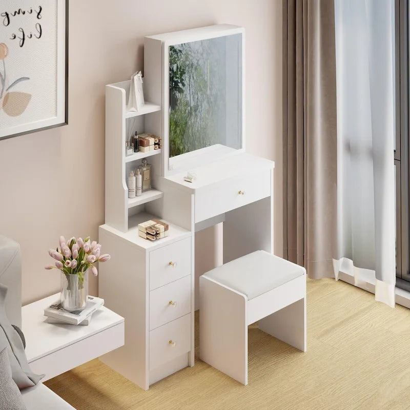 Makeup Vanity Desk Set with Sliding Mirror and Cushioned Stool