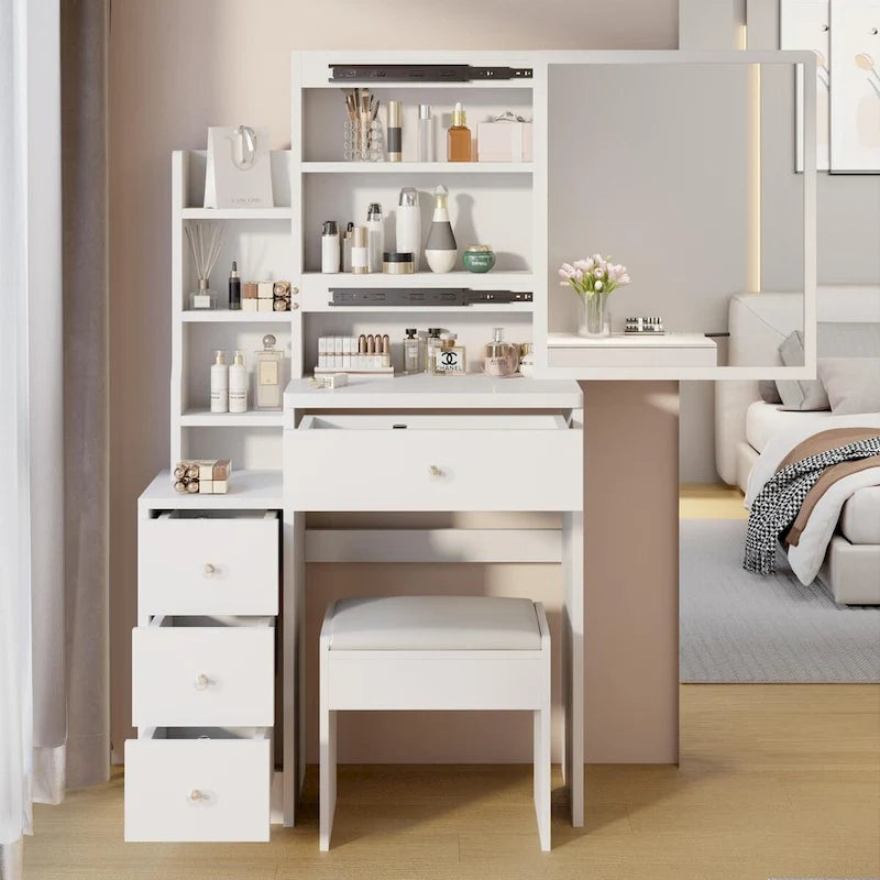 Makeup Vanity Desk Set with Sliding Mirror and Cushioned Stool