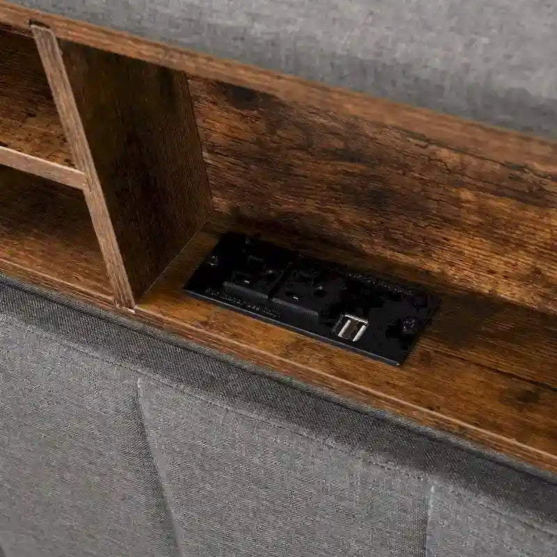 Upholstered Platform Bed with Storage Headboard and USB Port