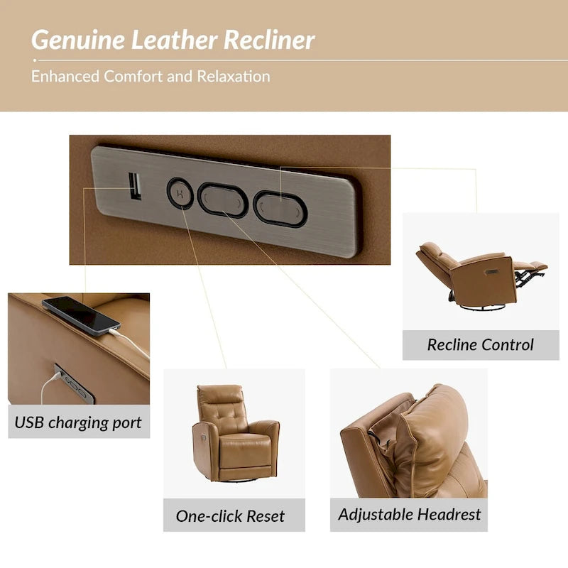 Alberto Mordern Genuine Leather Power Recliner with USB Charging Port by HULALA HOME