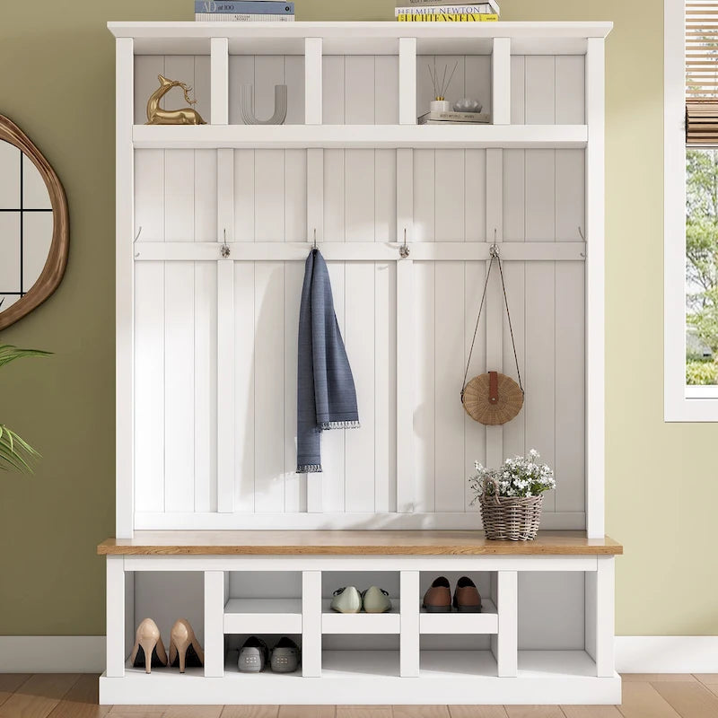 78H Modern Hall Tree with Wide Storage Seating Bench,Entryway Shoe Cabinet with 13 Compartments,Elegant Coat Rack with 6 Hooks