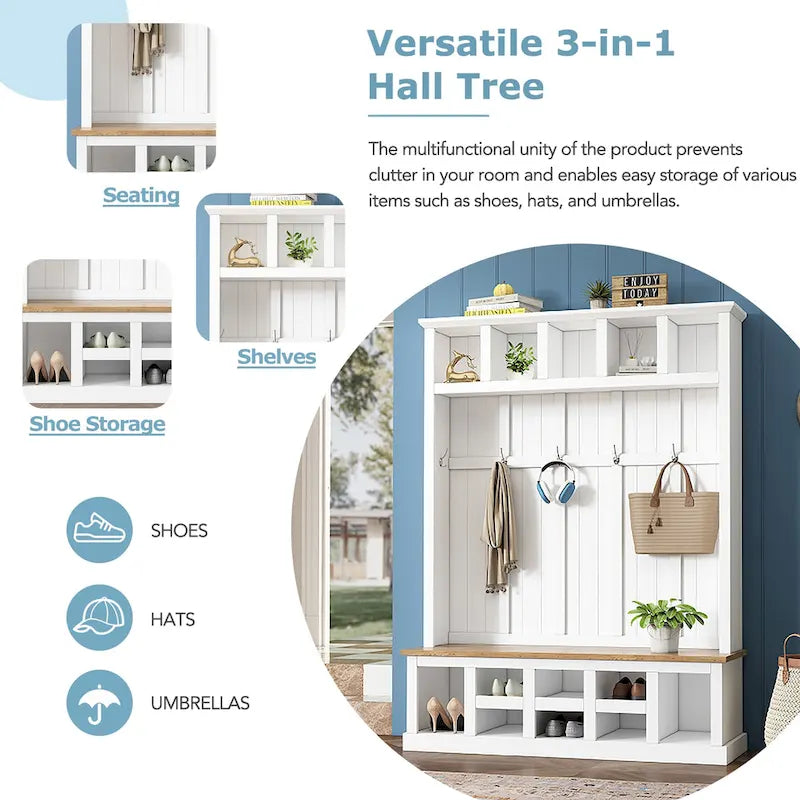 78H Modern Hall Tree with Wide Storage Seating Bench,Entryway Shoe Cabinet with 13 Compartments,Elegant Coat Rack with 6 Hooks
