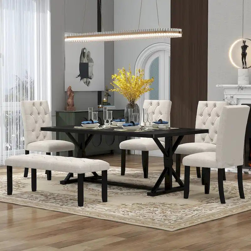 6-Piece Farmhouse Dining Table Set 72 Wood Rectangular Table, 4 Upholstered Chairs with Bench