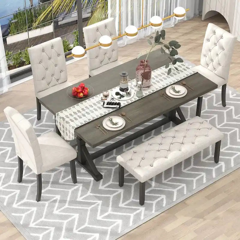 6-Piece Farmhouse Dining Table Set 72 Wood Rectangular Table, 4 Upholstered Chairs with Bench