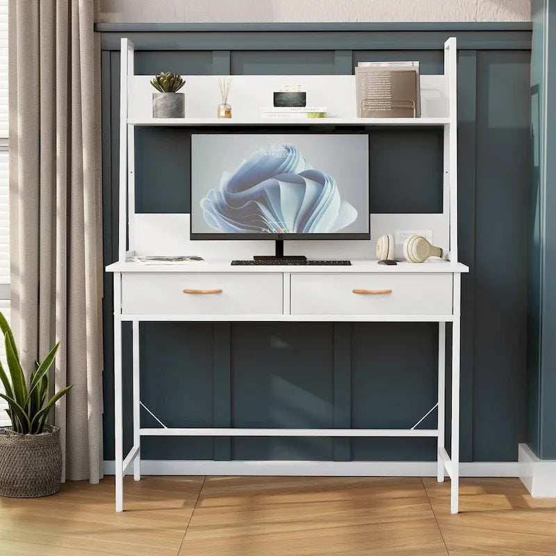 Computer Desk Writing Table w/ Power Outlets, Drawers and Storage Shelf, Workstation for Home Office