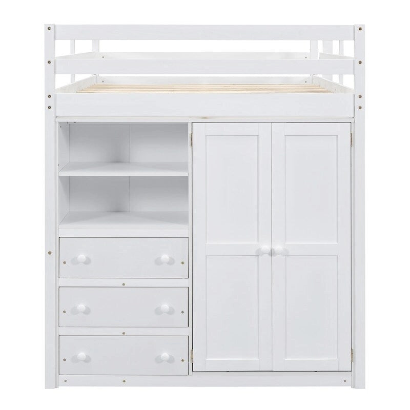 Full Size Wood Loft Bed with Built-in Wardrobe, Desk, Storage Shelves and Drawers