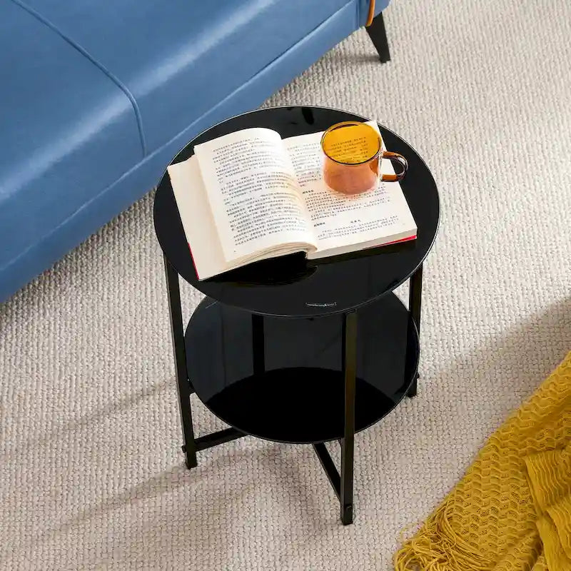 2-piece set,Tempered Glass End Table, Round Coffee Table for Bedroom Living Room Office
