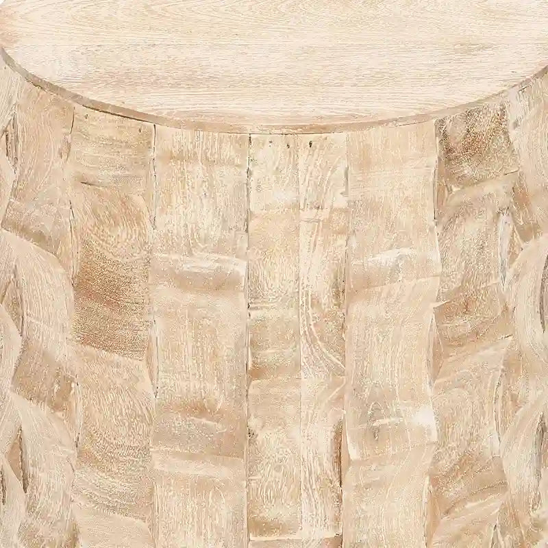 20 Inch Side End Table, Round Drum Shape with 3D Textured Design, Distressed White Finish