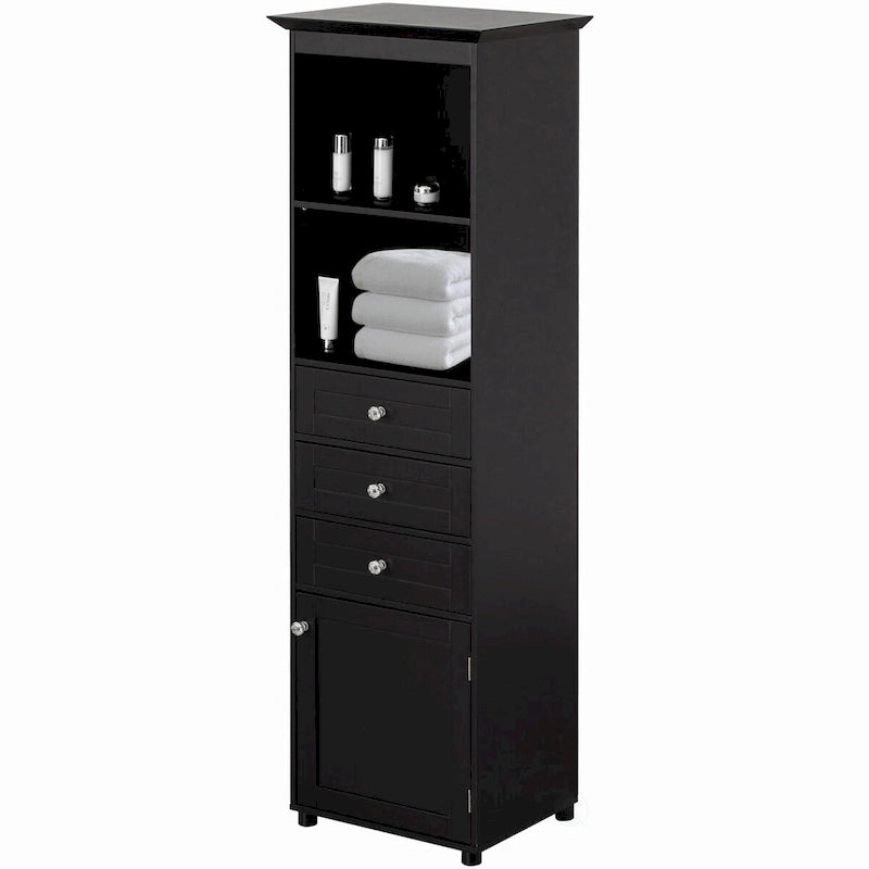 Tall Freestanding Storage Organizer Linen Tower, Vanity Closet, Bathroom Cabinet with 2 Open shelves, 3 Drawers, and a Closet