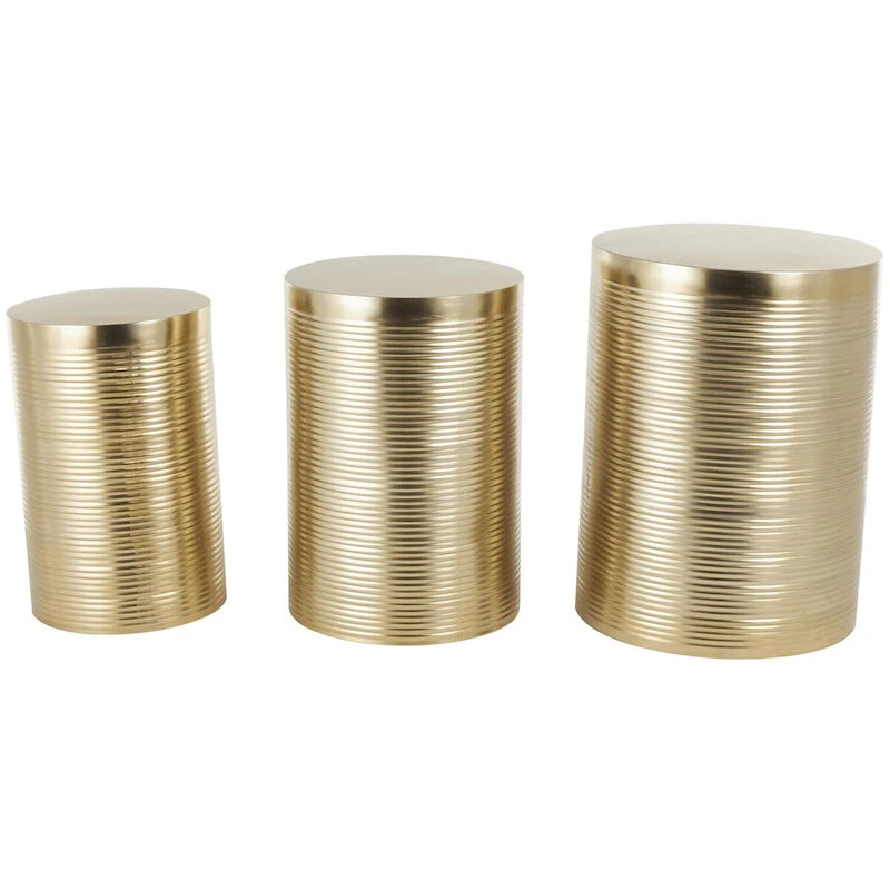 Metal Ribbed or Metallic Ribbed Drum Side End Accent Table - Set of 3 Silver or Gold - Roche River Decor