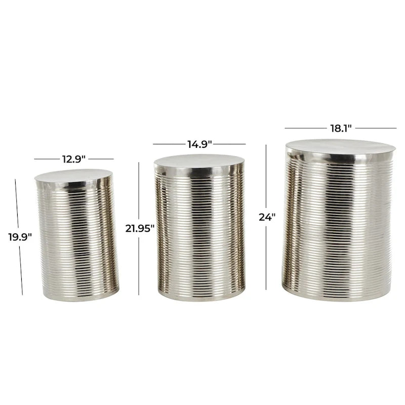 Metal Ribbed or Metallic Ribbed Drum Side End Accent Table - Set of 3 Silver or Gold - Roche River Decor