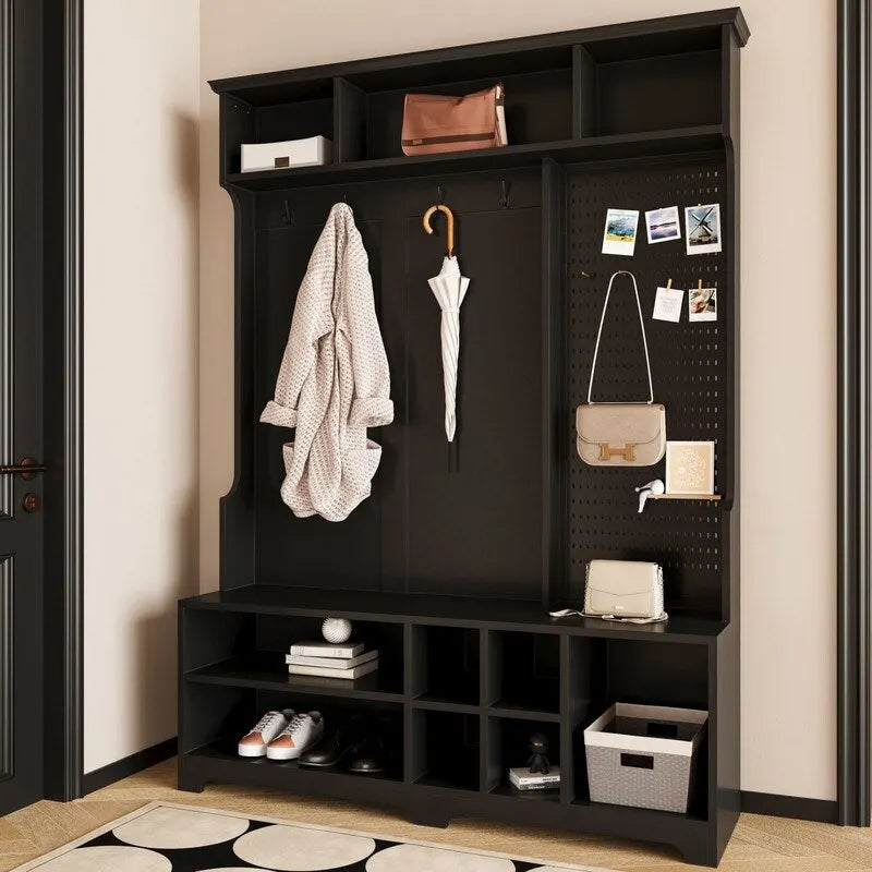 77.17H Hall Tree with Shoe Bench,Coat Rack,Shoe Storage,Shelves and Pegboard