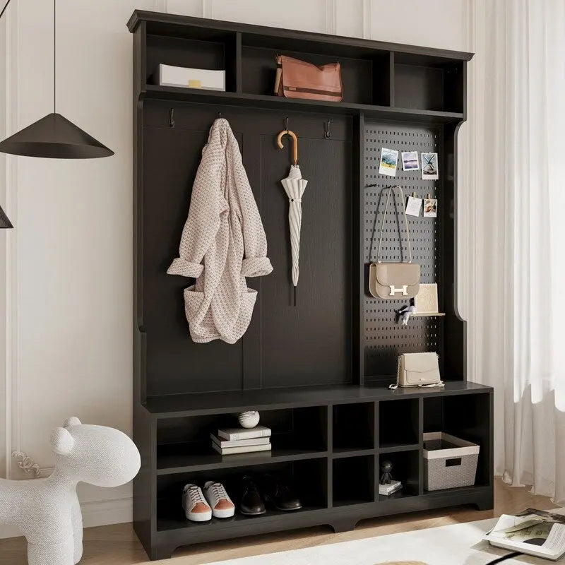 77.17H Hall Tree with Shoe Bench,Coat Rack,Shoe Storage,Shelves and Pegboard