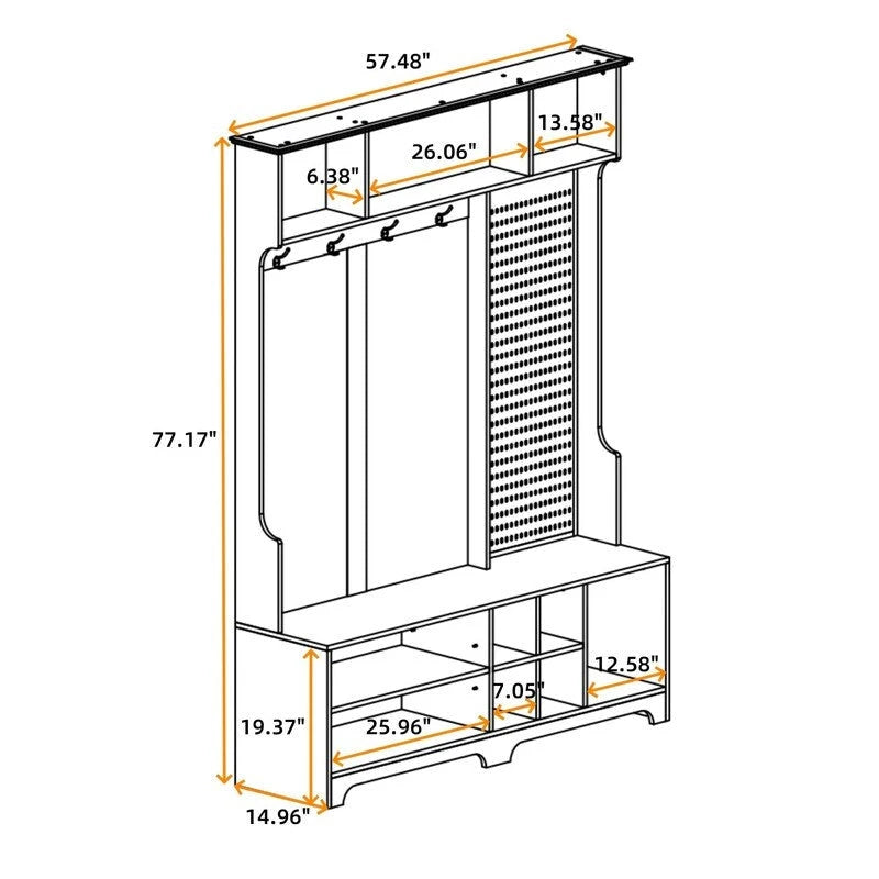 77.17H Hall Tree with Shoe Bench,Coat Rack,Shoe Storage,Shelves and Pegboard