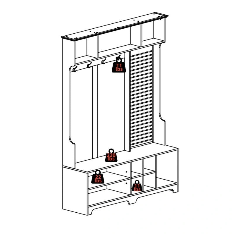 77.17H Hall Tree with Shoe Bench,Coat Rack,Shoe Storage,Shelves and Pegboard