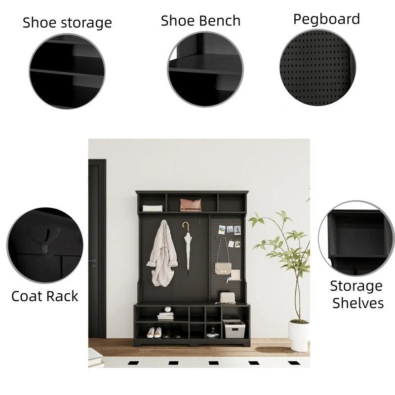 77.17H Hall Tree with Shoe Bench,Coat Rack,Shoe Storage,Shelves and Pegboard