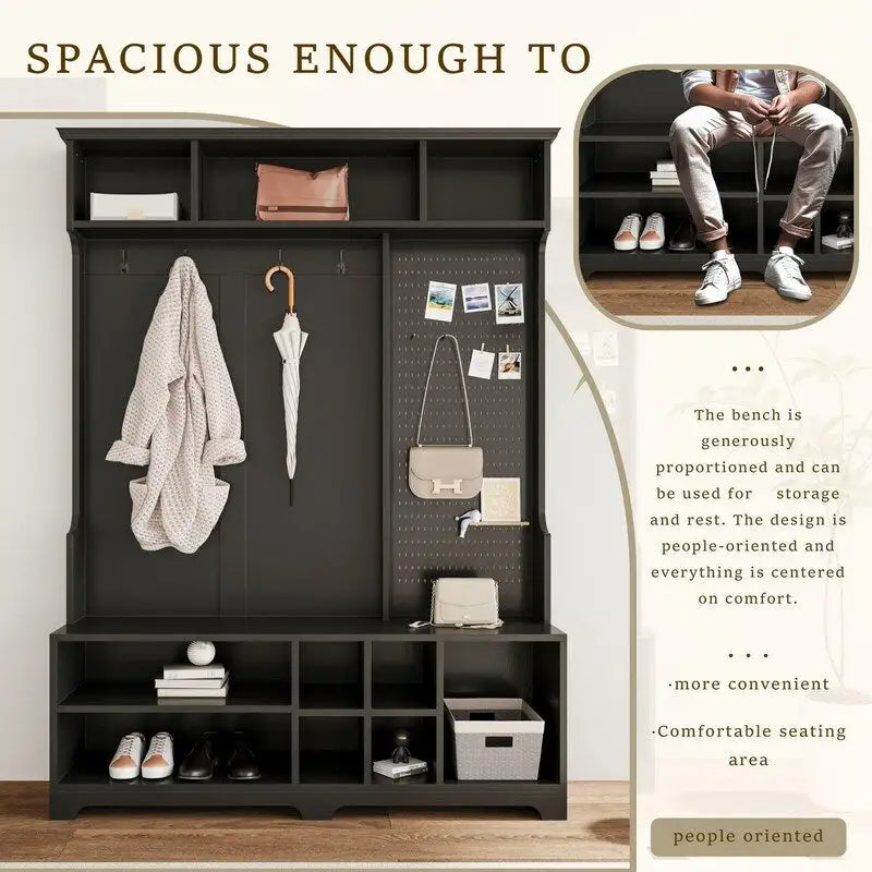 77.17H Hall Tree with Shoe Bench,Coat Rack,Shoe Storage,Shelves and Pegboard