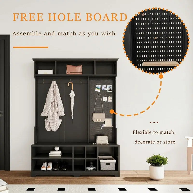 77.17H Hall Tree with Shoe Bench,Coat Rack,Shoe Storage,Shelves and Pegboard