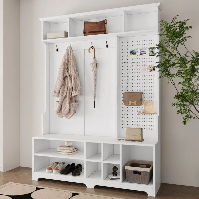 77.17H Hall Tree with Shoe Bench,Coat Rack,Shoe Storage,Shelves and Pegboard