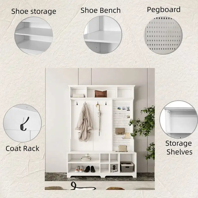 77.17H Hall Tree with Shoe Bench,Coat Rack,Shoe Storage,Shelves and Pegboard