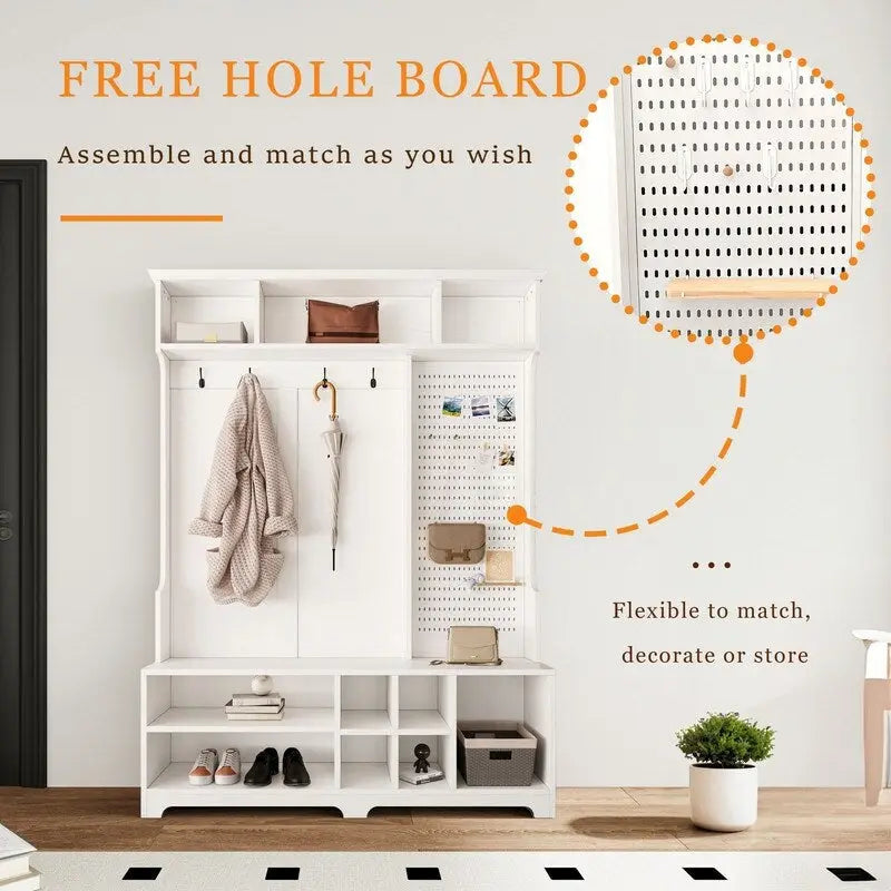 77.17H Hall Tree with Shoe Bench,Coat Rack,Shoe Storage,Shelves and Pegboard