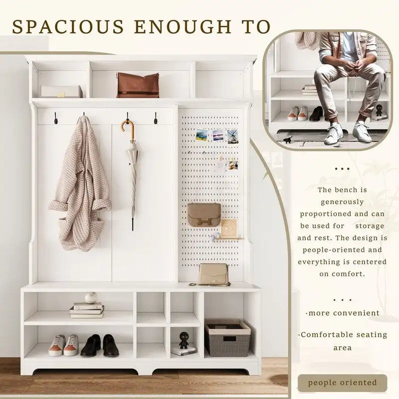 77.17H Hall Tree with Shoe Bench,Coat Rack,Shoe Storage,Shelves and Pegboard