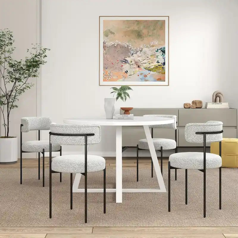 Durban 5-Piece Round Dining Set, Trestle Dining Table with 4 Boucle Chairs for Breakfast Nook, Kitchen, Living Room