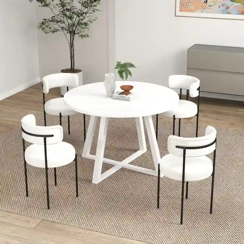 Durban 5-Piece Round Dining Set, Trestle Dining Table with 4 Boucle Chairs for Breakfast Nook, Kitchen, Living Room