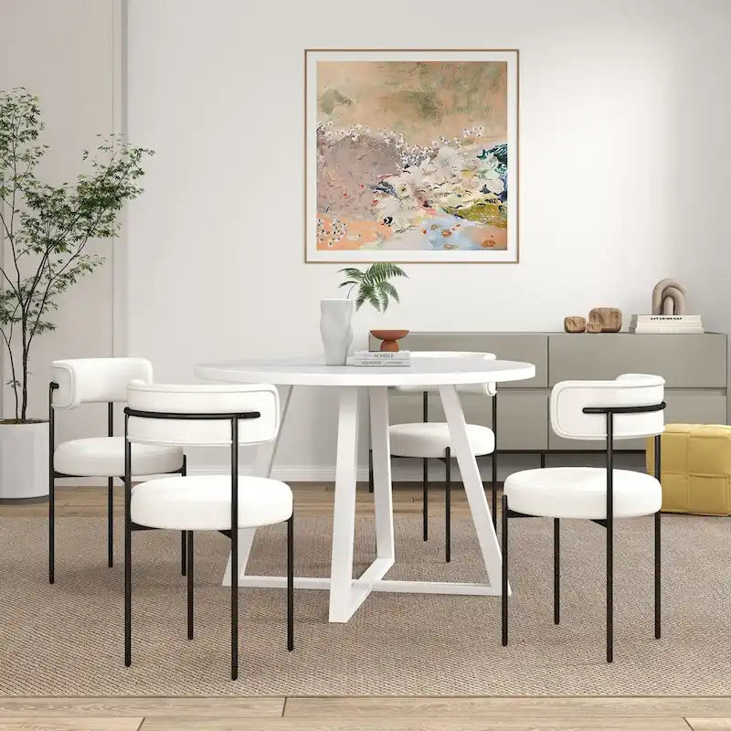 Durban 5-Piece Round Dining Set, Trestle Dining Table with 4 Boucle Chairs for Breakfast Nook, Kitchen, Living Room